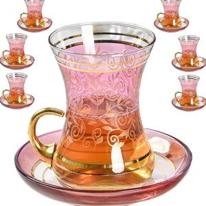 Vintage Turkish Moroccan Tea Glasses with Saucers Set in Pink